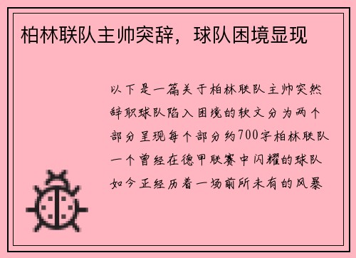 柏林联队主帅突辞，球队困境显现